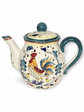 Italian Deruta Teal Pottery Teapot Hand Painted Rooster Ceramic Country